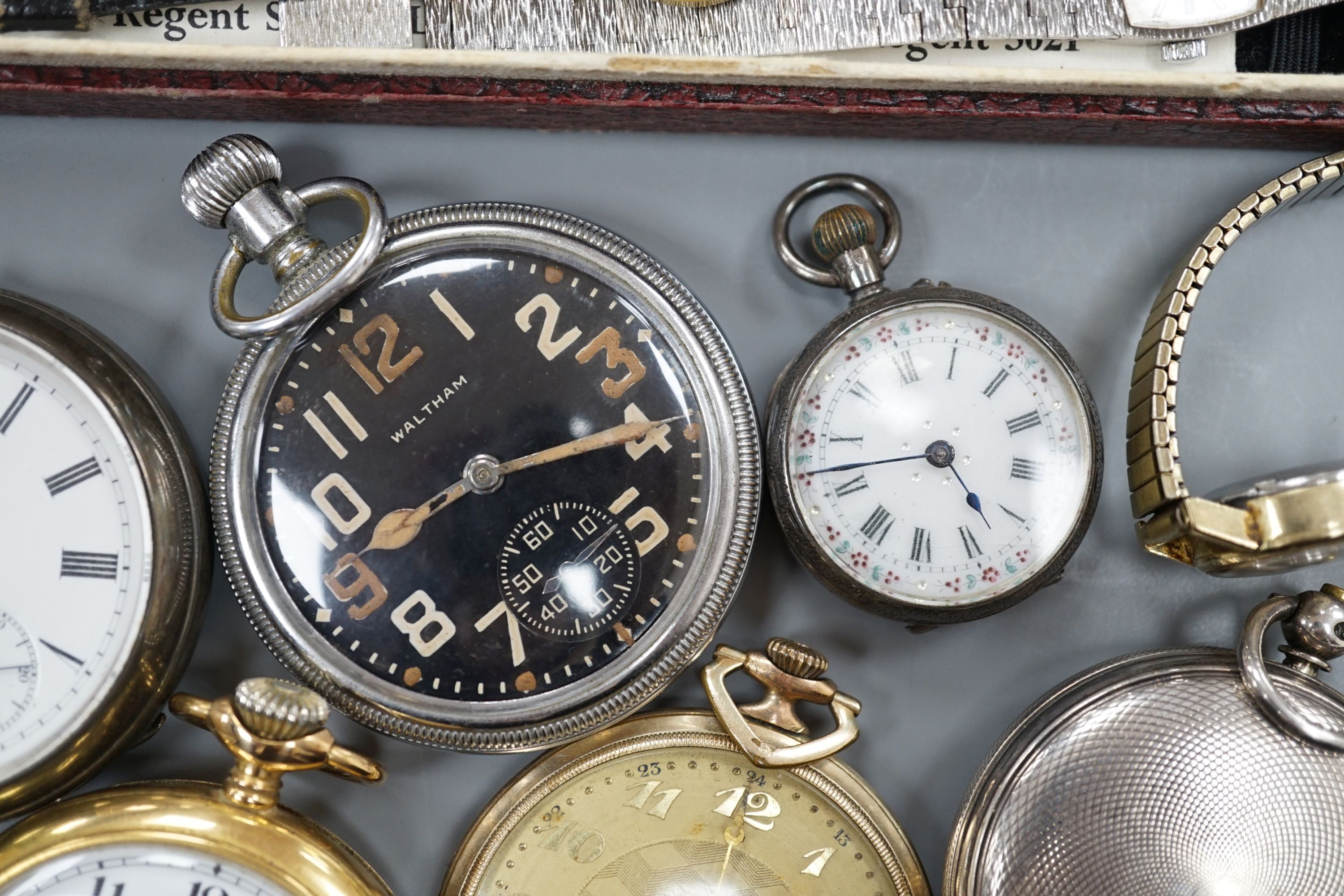 A gentleman's steel and gold plated Omega Seamaster quartz dress wrist watch, six other wrist watches including lady's Omega, five assorted pocket watches including chrome case Waltham military and one other fob watch.